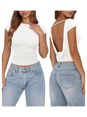 Backless Going Out Top Boat Neck Cap Sleeve Slim Fit Viscose Blend Tee